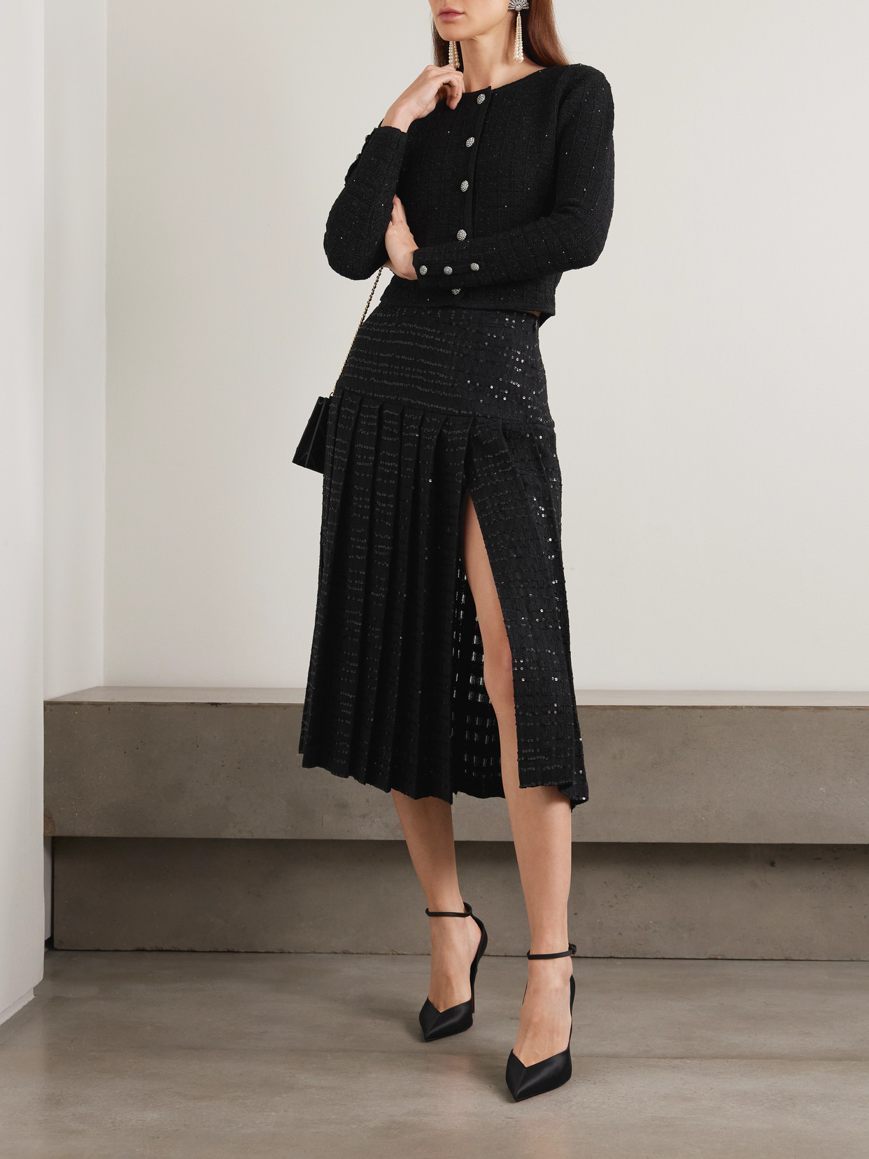 Sequin-Embellished Pleated Tweed Midi