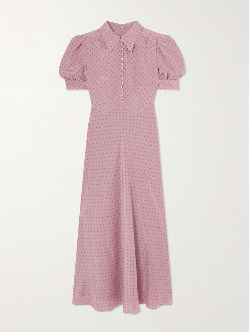 Alessandra Rich Faux Pearl-embellished Polka-dot Silk Crepe De Chine Midi Dress