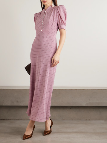 Alessandra Rich Faux pearl-embellished polka-dot silk crepe de chine midi dress