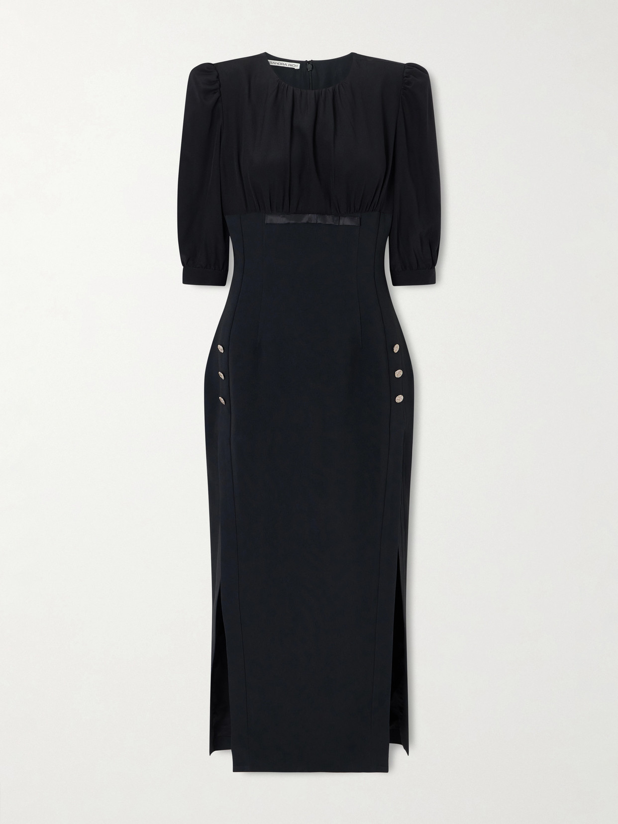 Alessandra Rich Bow-detailed Embellished Gathered Silk-cady Midi Dress In Black