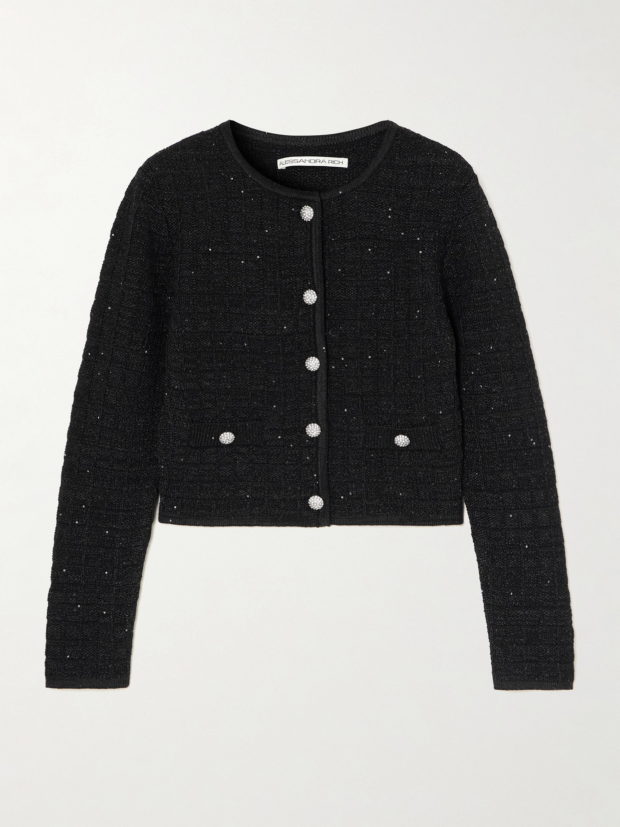 Alessandra Rich Cropped Embellished Knitted Cardigan In Black
