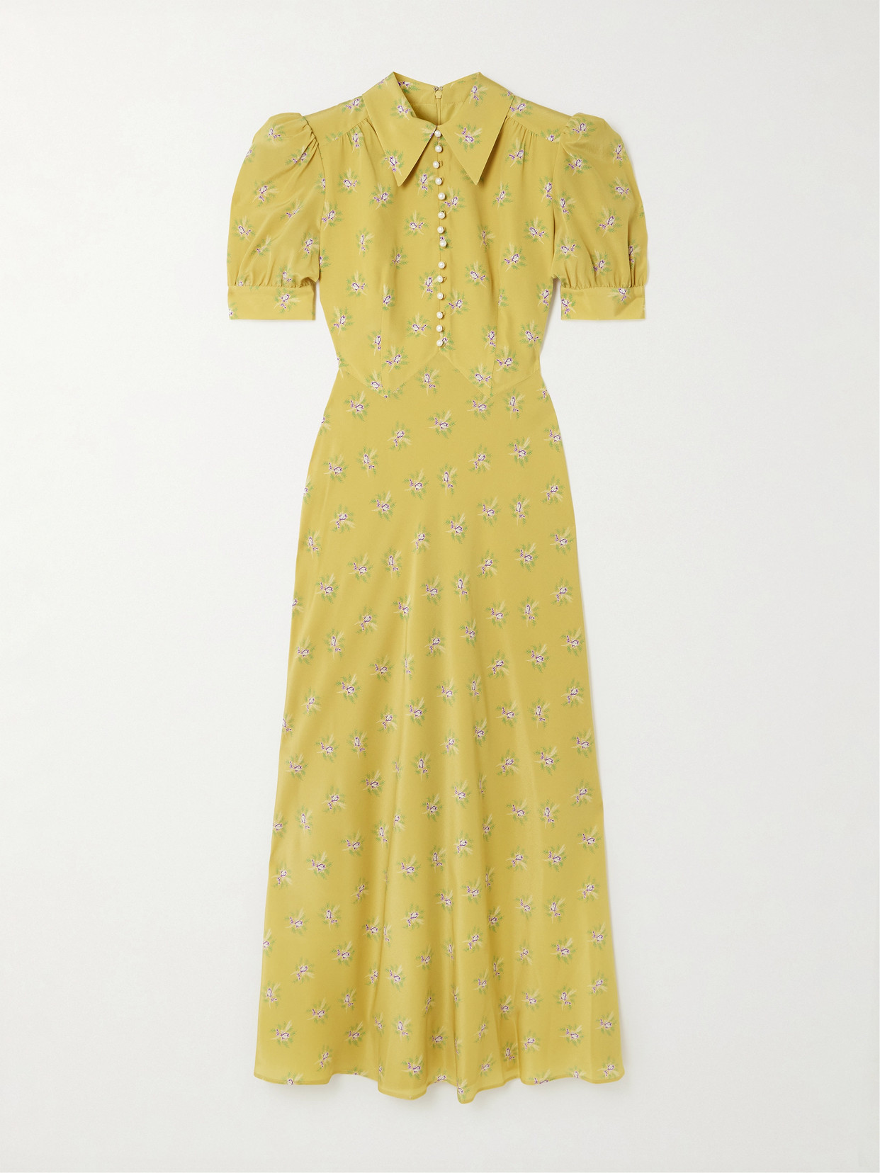 Alessandra Rich Faux Pearl-embellished Floral-print Silk Crepe De Chine Midi Dress In Yellow