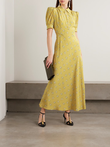 Alessandra Rich Faux pearl-embellished floral-print silk crepe de chine midi dress