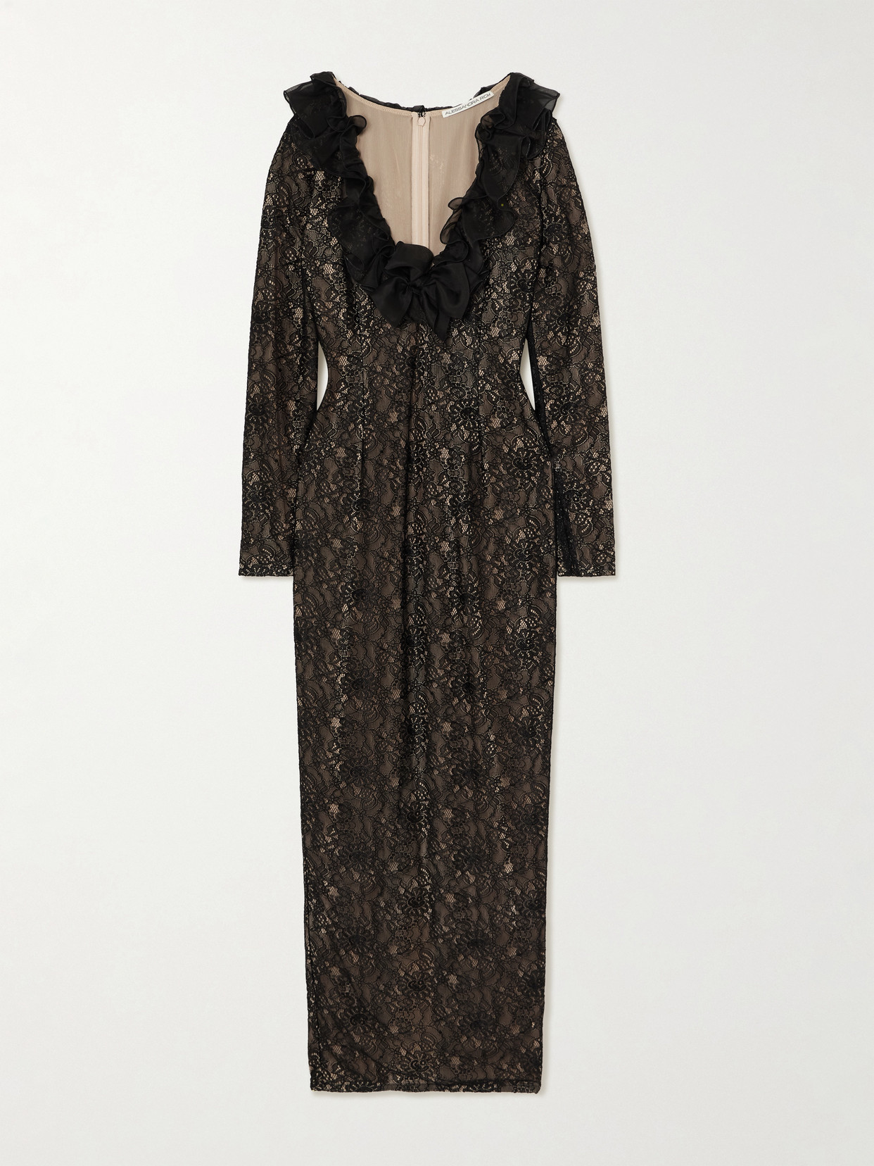 Alessandra Rich Bow-embellished Ruffled Silk Organza-trimmed Lace Midi Dress In Multi