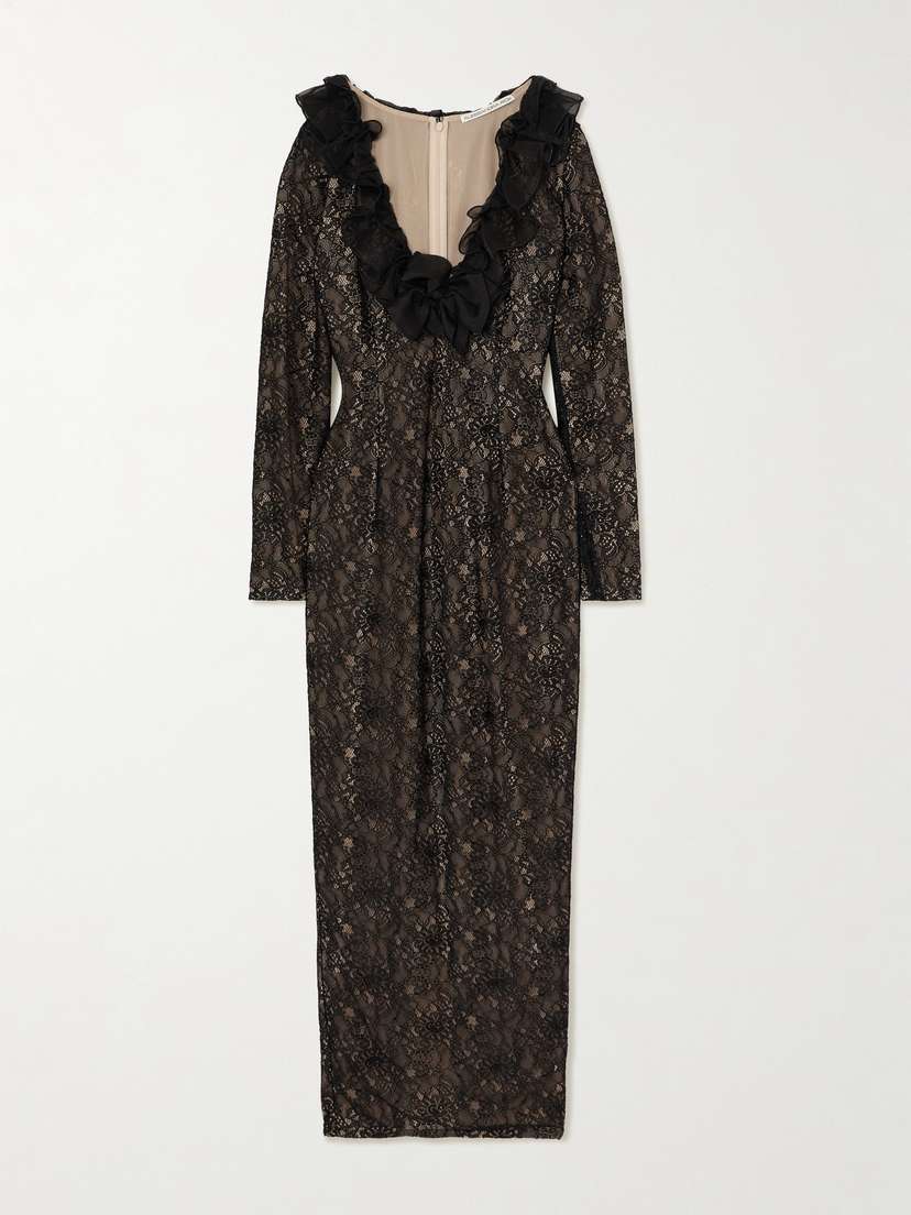 Alessandra Rich Bow-embellished Ruffled Silk Organza-trimmed Lace Midi Dress