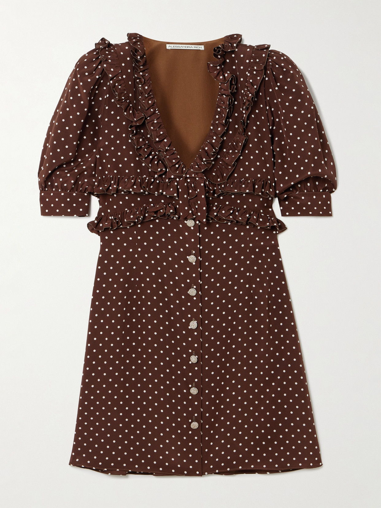 Alessandra Rich Ruffled Polka-dot Silk Crepe De Chine Mini Dress In Brown