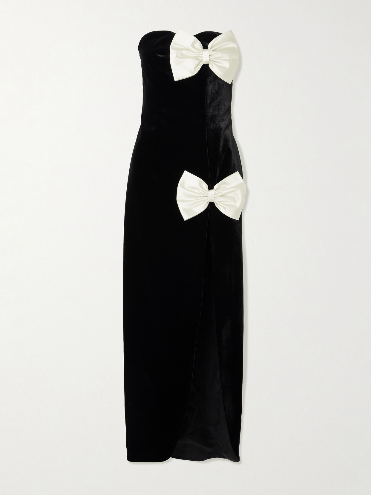 Alessandra Rich Strapless Bow-embellished Duchesse Satin-trimmed Velvet Gown In Black