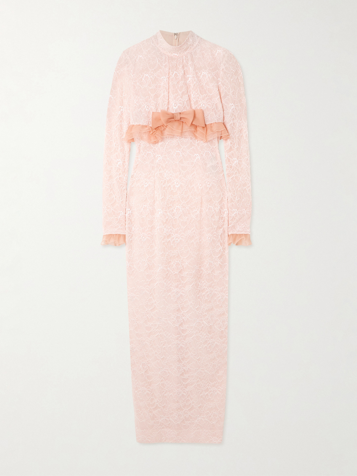 Alessandra Rich Bow-embellished Ruffled Silk Organza-trimmed Stretch-lace Gown In Pink