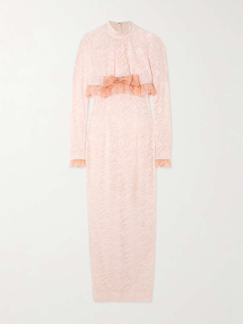 Alessandra Rich Bow-embellished Ruffled Silk Organza-trimmed Stretch-lace Gown