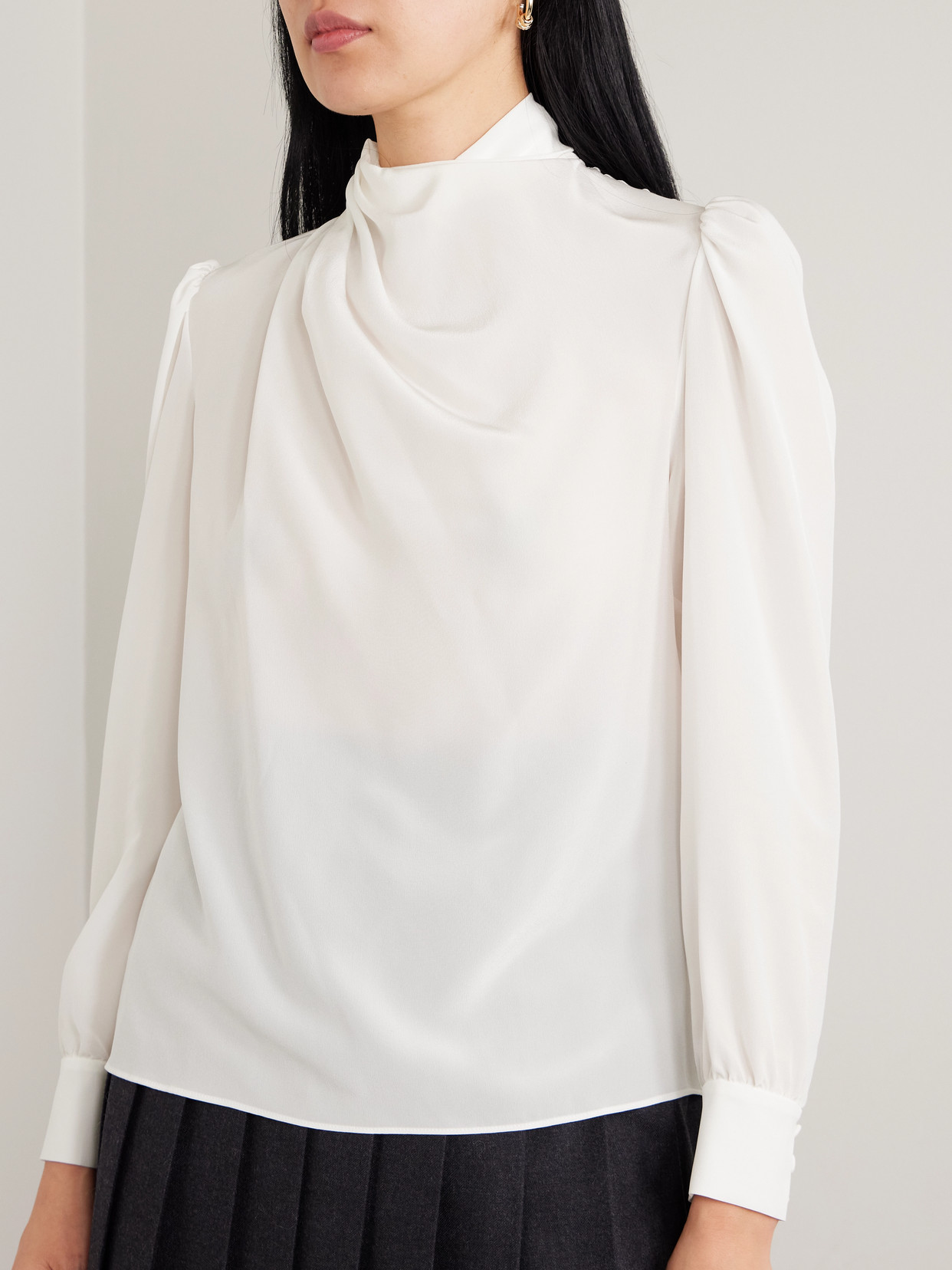 Draped Silk Crepe De Chine Turtleneck Blouse