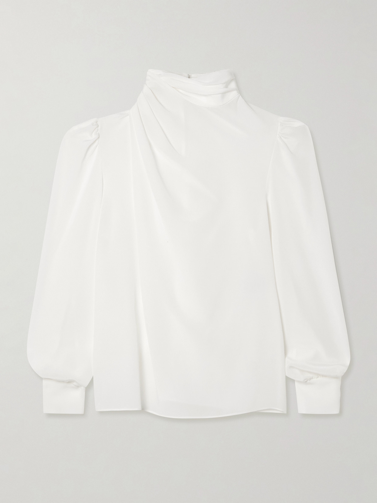 Alessandra Rich Draped Silk Crepe De Chine Turtleneck Blouse In White