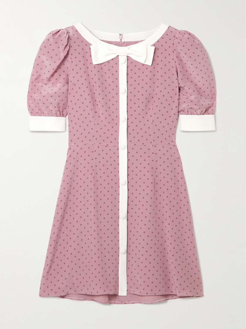 Alessandra Rich Clover Bow-detailed Polka-dot Silk Mini Dress