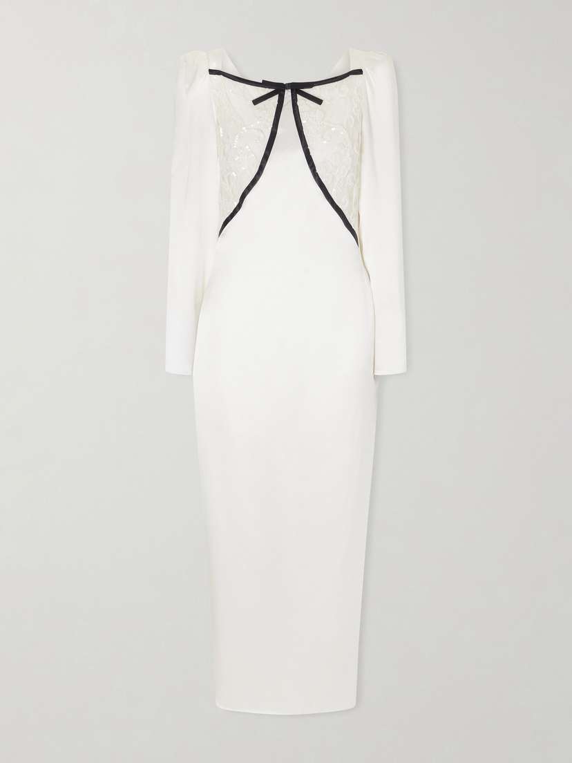 Alessandra Rich Bow-detailed Silk-satin And Sequin-embellished Lace Midi Dress