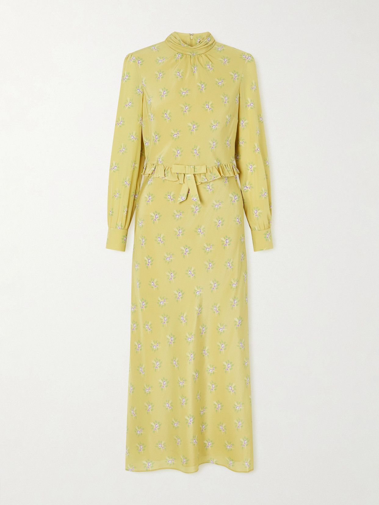 Alessandra Rich Ruffled Bow-detailed Floral-print Silk Crepe De Chine Midi Dress In Yellow