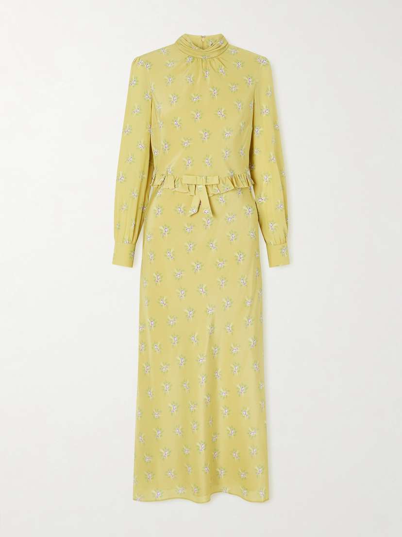 Alessandra Rich Ruffled Bow-detailed Floral-print Silk Crepe De Chine Midi Dress