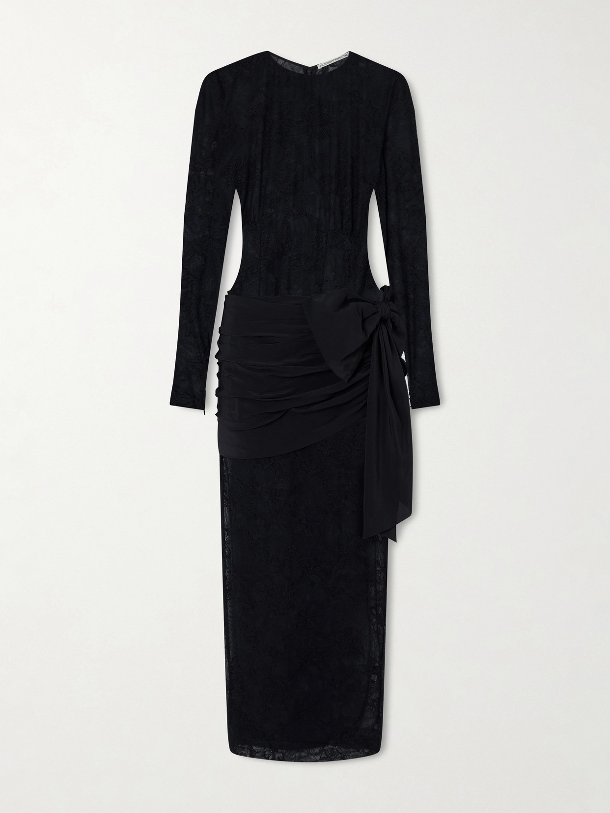Alessandra Rich Bow-detailed Gathered Lace And Silk-crepe Midi Dress In Black