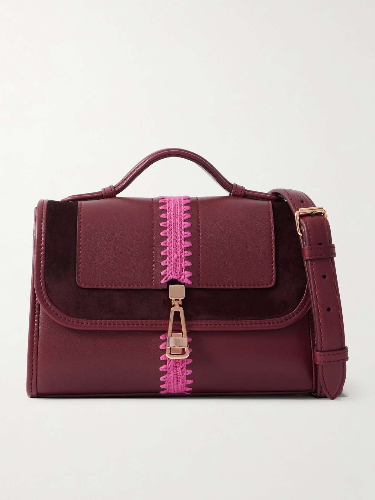 Gabriela Hearst Leonora Small Crochet And Suede-trimmed Leather Shoulder Bag In Burgundy