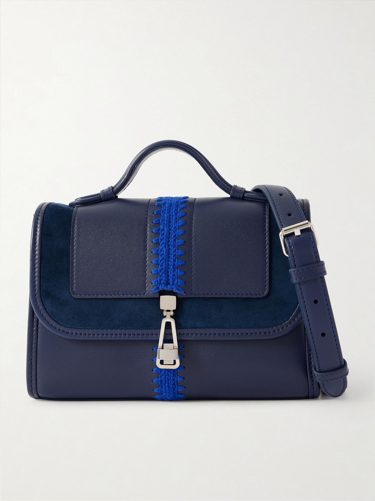 Gabriela Hearst Leonora Small Crochet And Suede-trimmed Leather Shoulder Bag In Blue