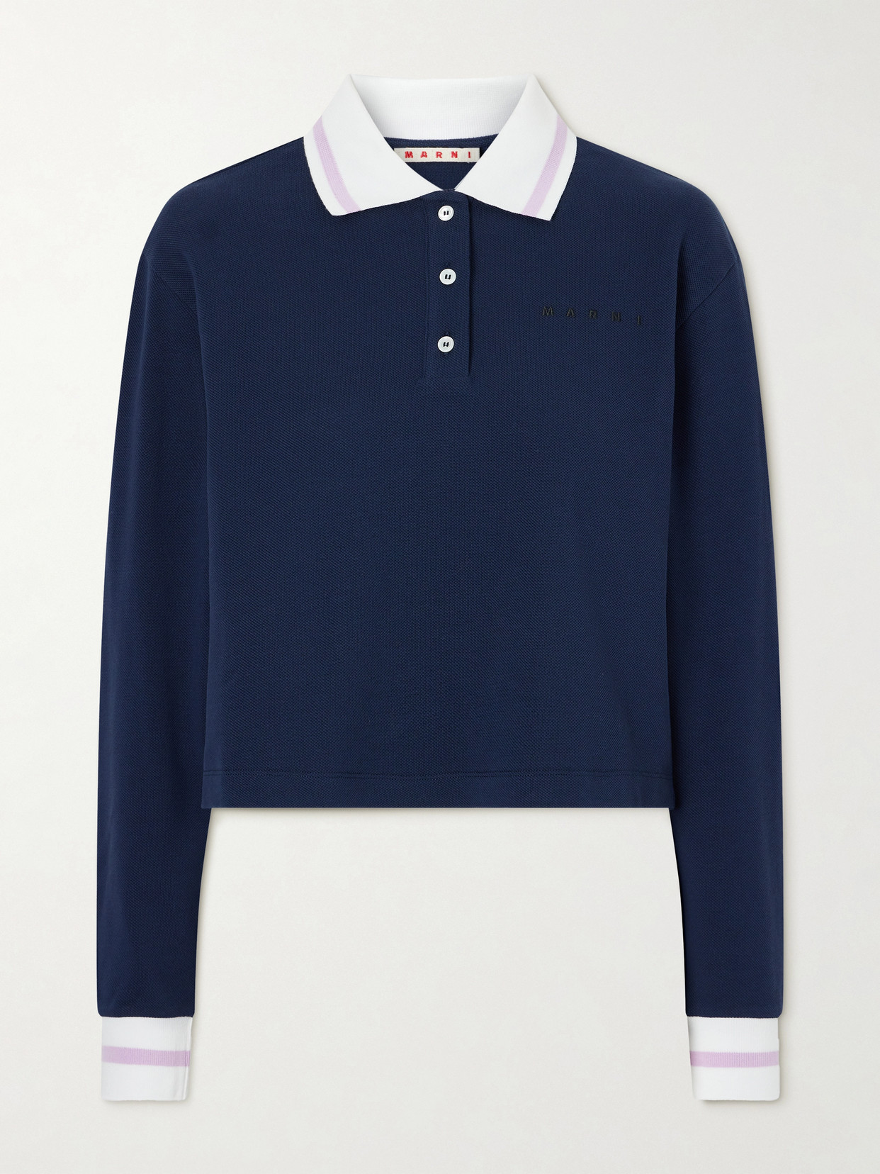 Marni Striped Embroidered Cotton-piqué Polo Shirt In Blue