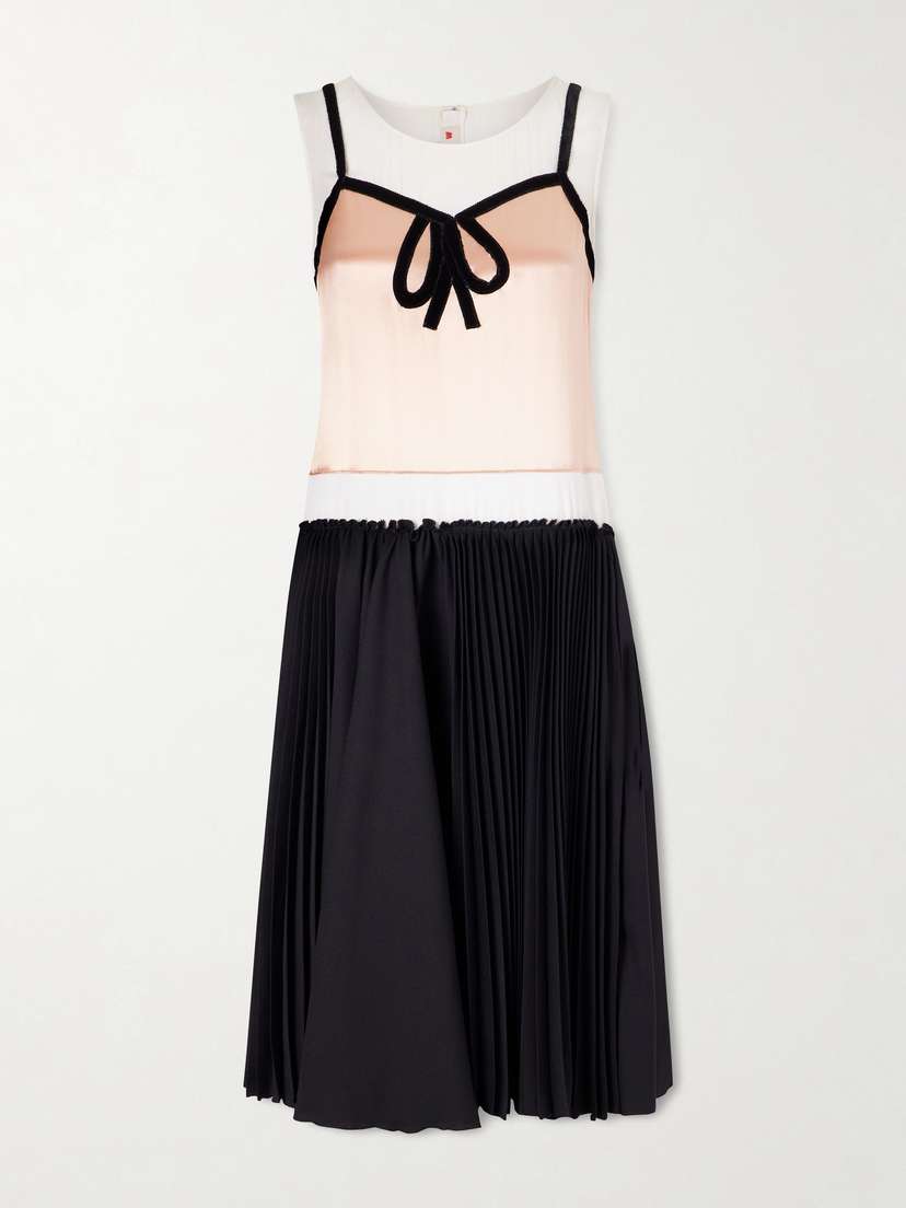 Marni Velvet-trimmed Pleated Satin Midi Dress