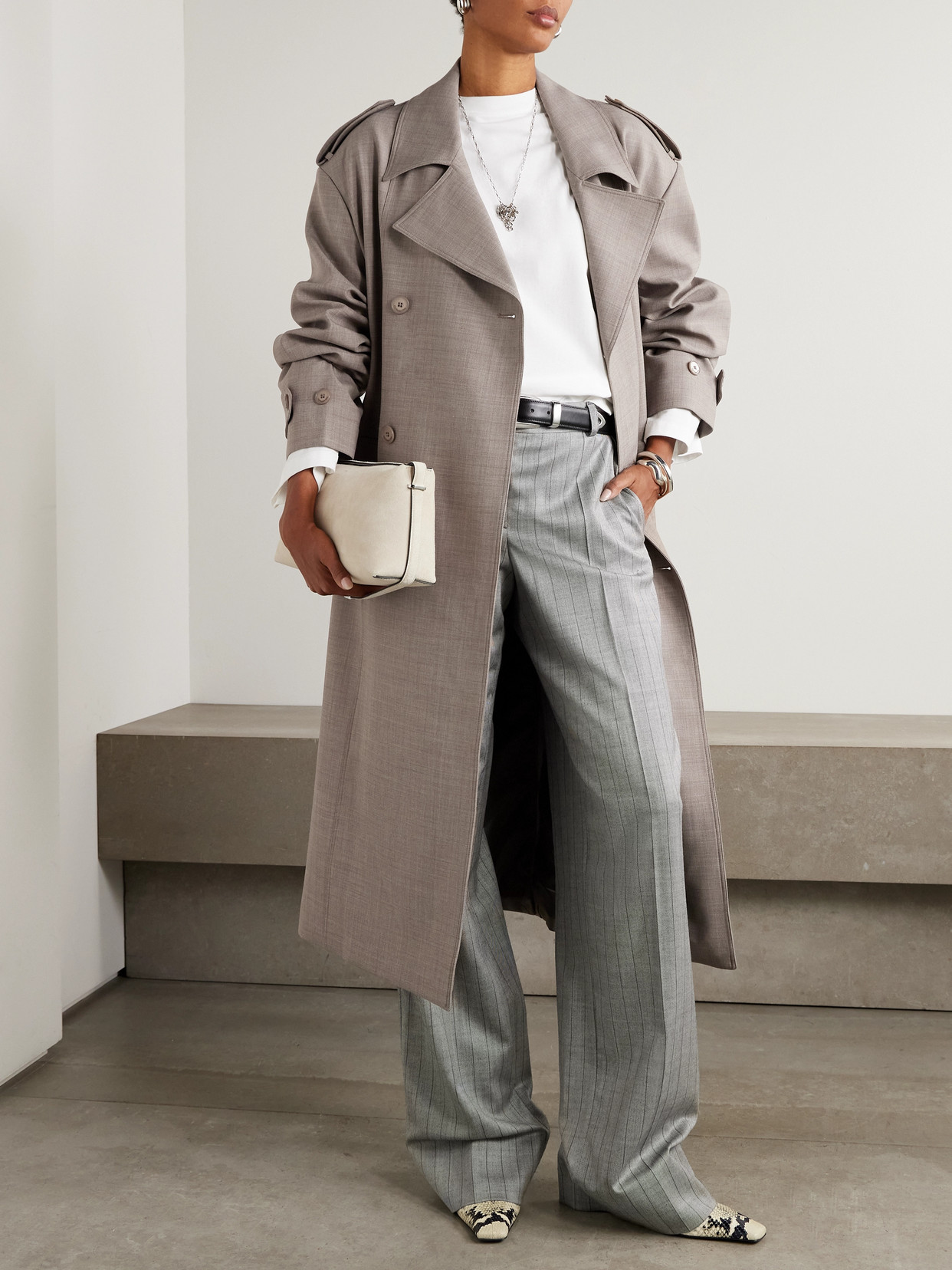 The Frankie Shop Bleecker Woven Trench Coat In Gray