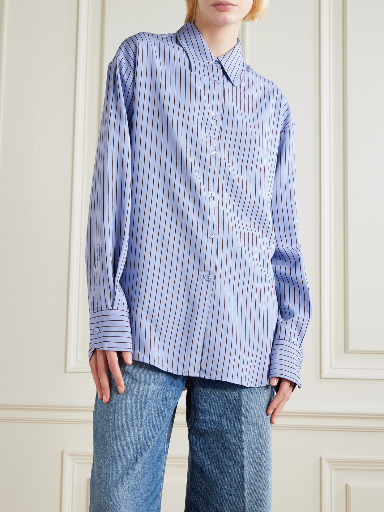 The Frankie Shop Peri Striped Lyocell-blend Twill Shirt In Blue