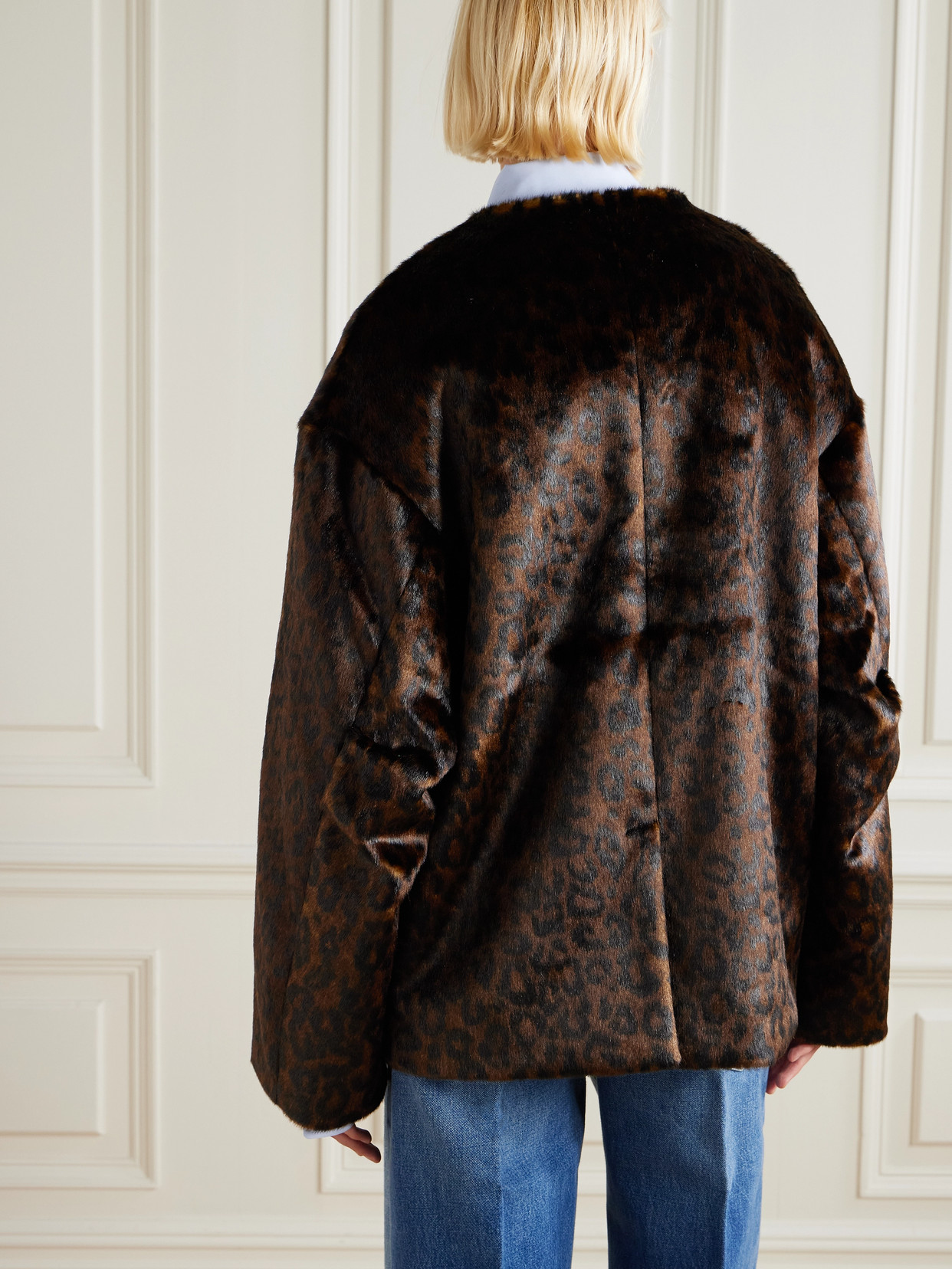 The Frankie Shop Valentina Oversized Double-breasted Leopard-print Plush Jacket In Brown