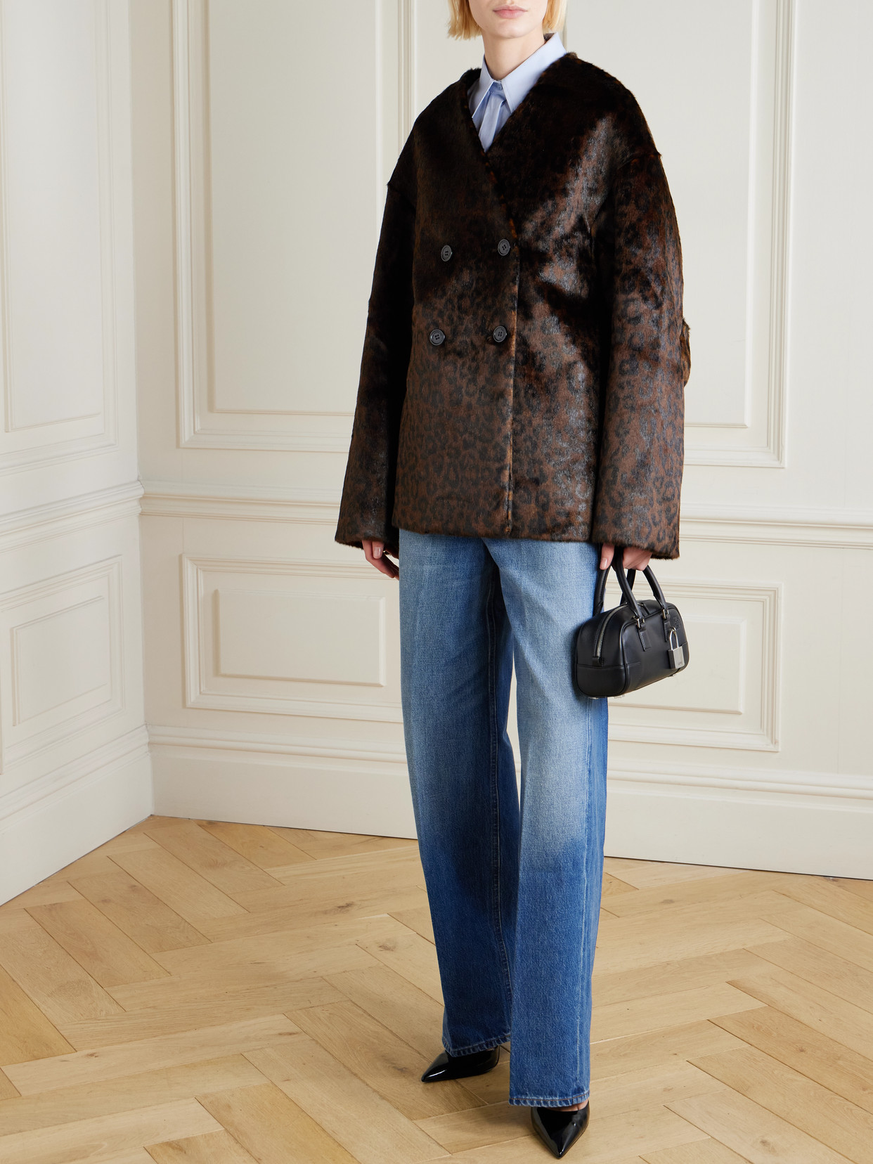 The Frankie Shop Valentina Oversized Double-breasted Leopard-print Plush Jacket In Brown
