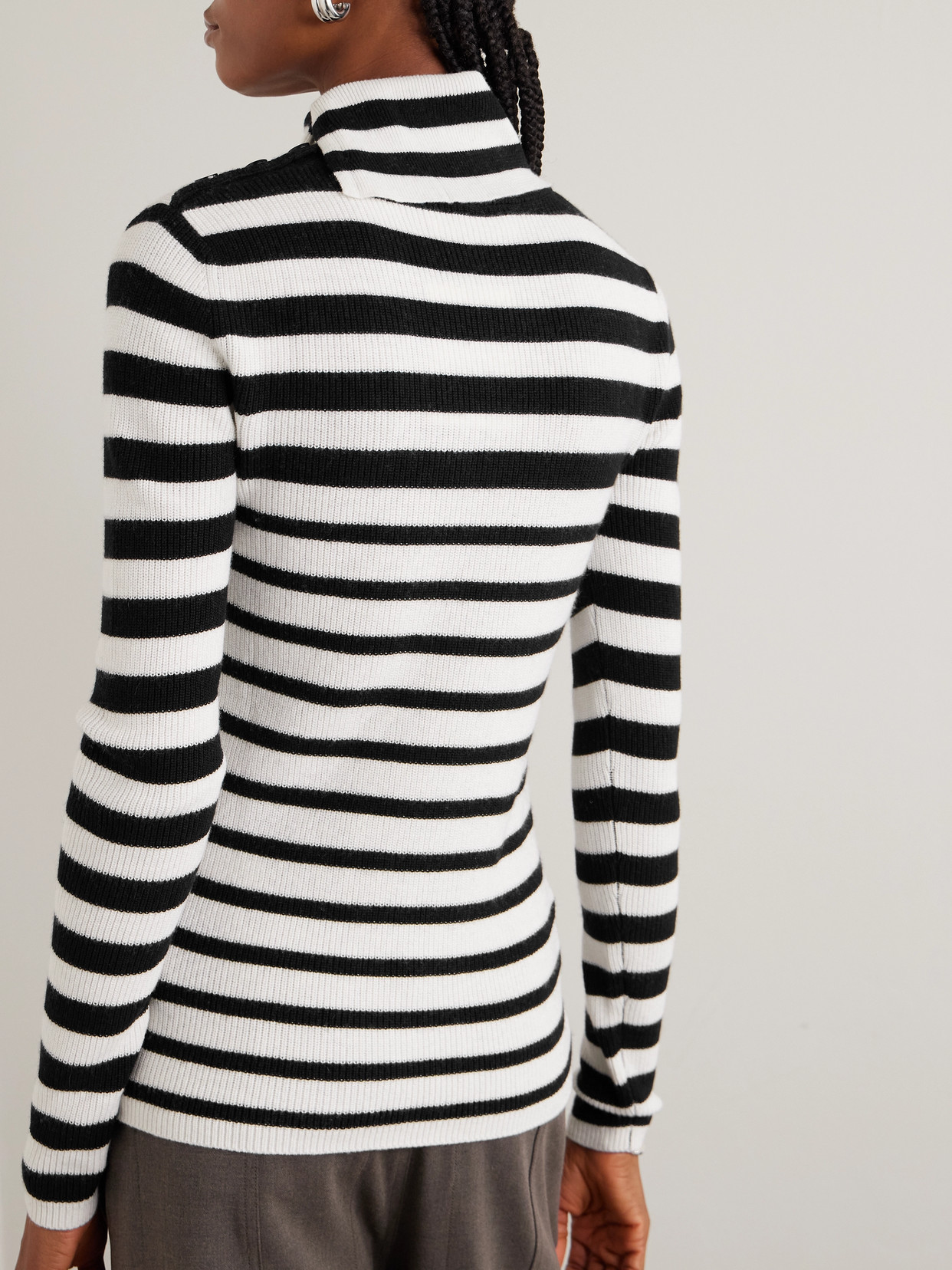 Sabrine Button-Detailed Striped Ribbed Cotton And Cashmere-Blend Turtleneck Sweater