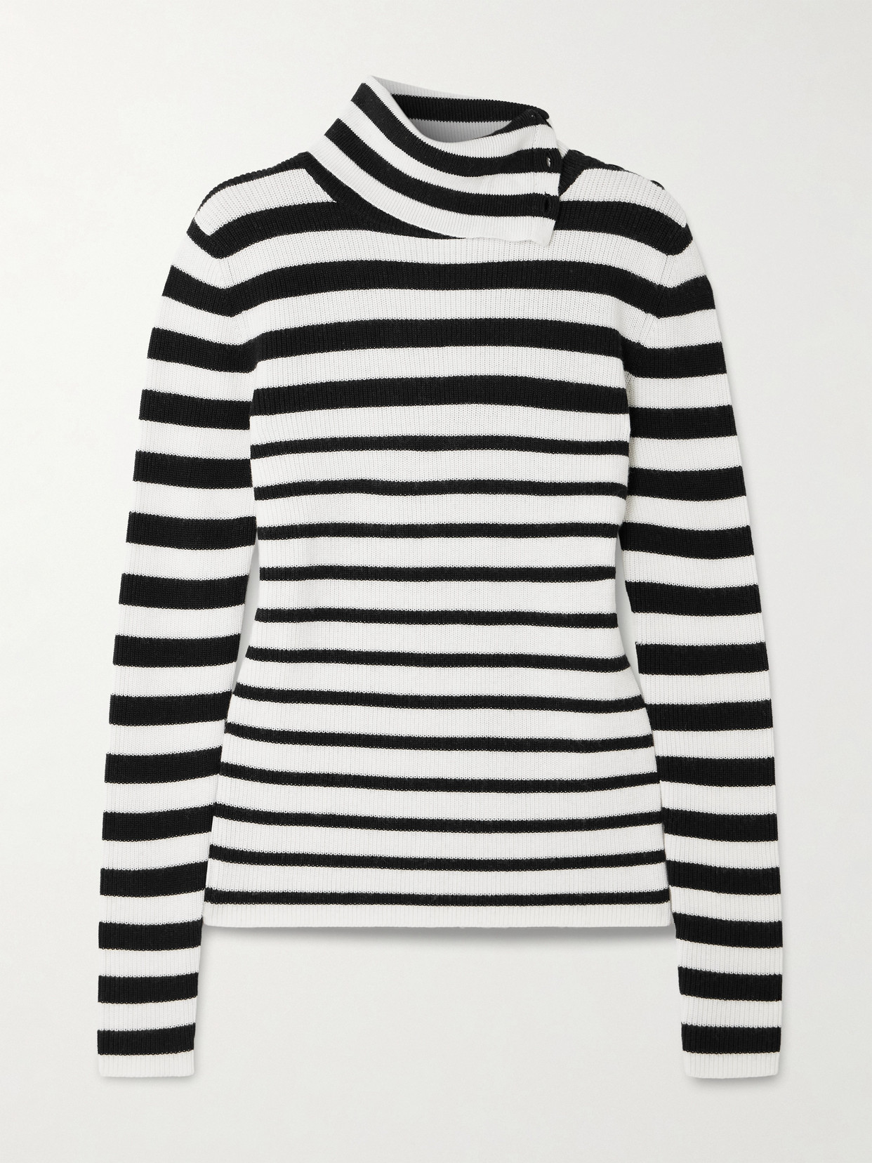 Lisa Yang Sabrine Button-detailed Striped Ribbed Cotton And Cashmere-blend Turtleneck Sweater In Black