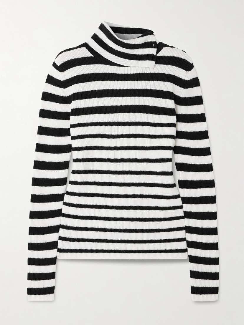 Lisa Yang Sabrine Button-detailed Striped Ribbed Cotton And Cashmere-blend Turtleneck Sweater