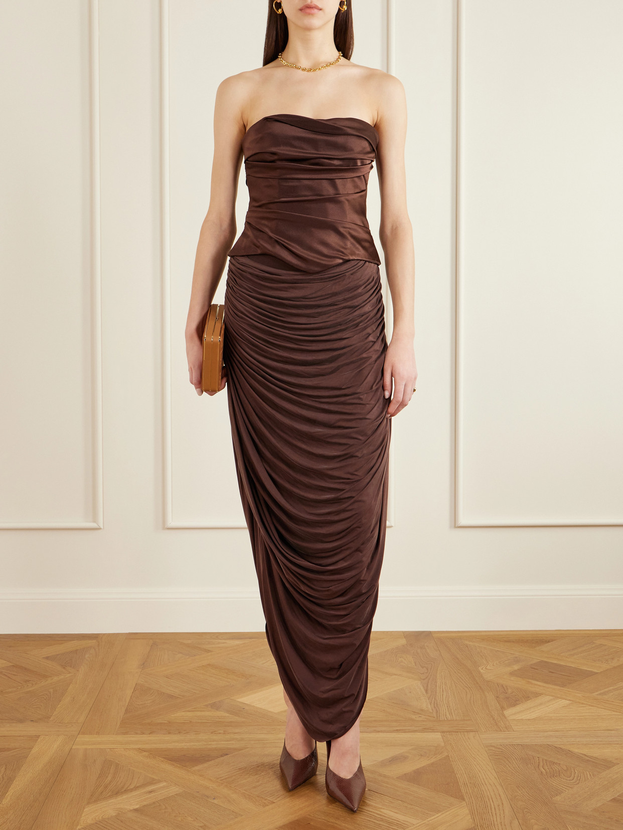 Demi Strapless Gathered Silk-Satin Bustier
