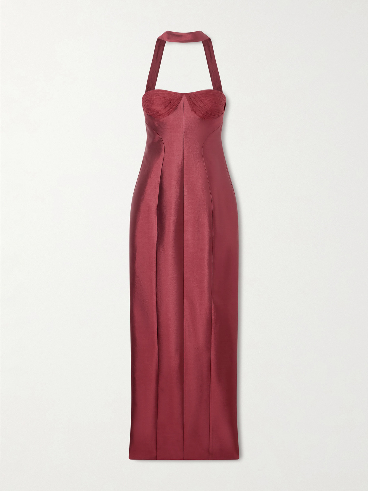 Danielle Frankel Lette Paneled Tulle-trimmed Wool And Silk-blend Twill Gown In Burgundy