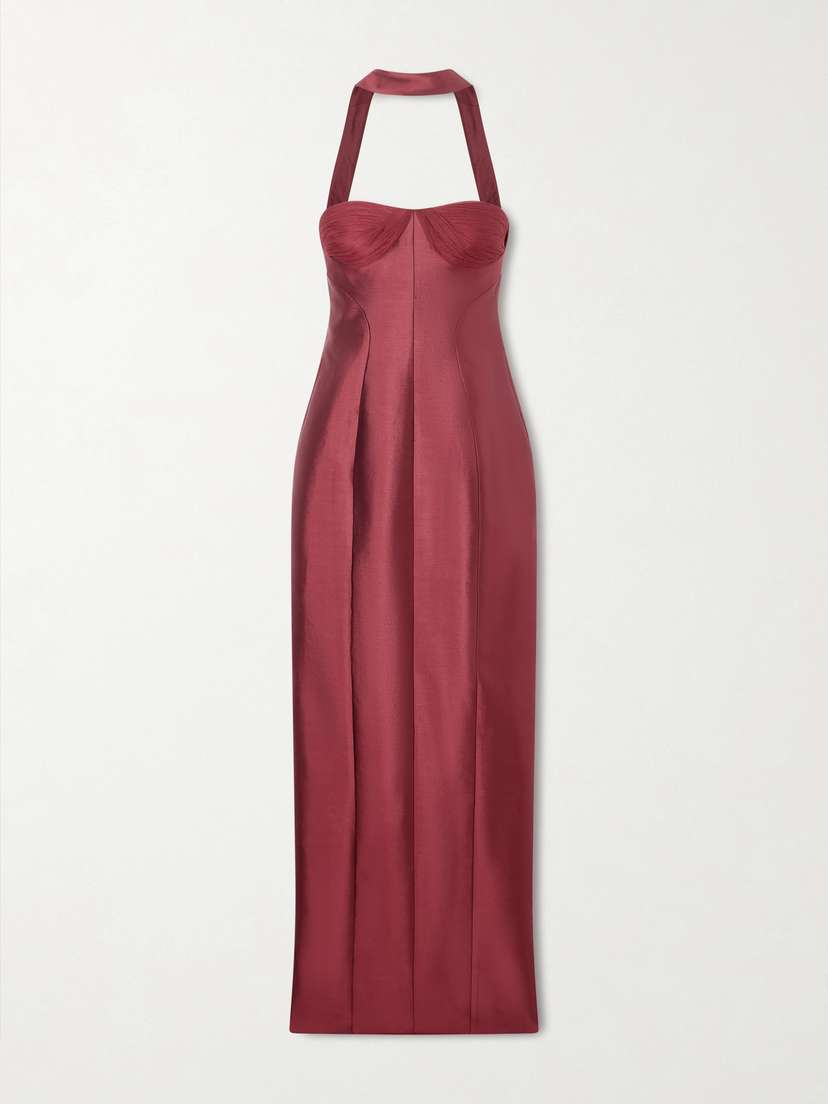 Danielle Frankel Lette Paneled Tulle-trimmed Wool And Silk-blend Twill Gown