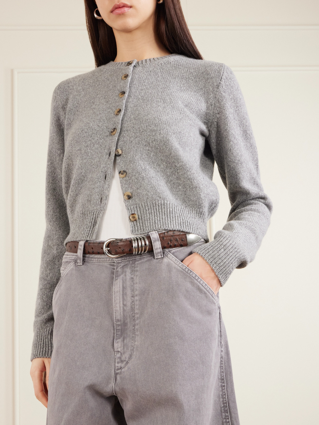 Dehanche Hollyhock Ostrich-effect Leather Waist Belt In Brown