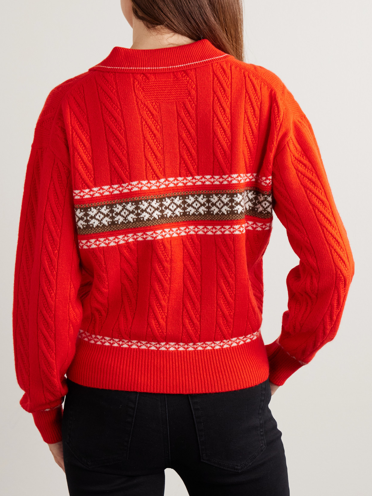 Guest In Residence Cable Collegiate Fair Isle Cable-knit Wool And Cashmere-blend Polo Sweater In Red