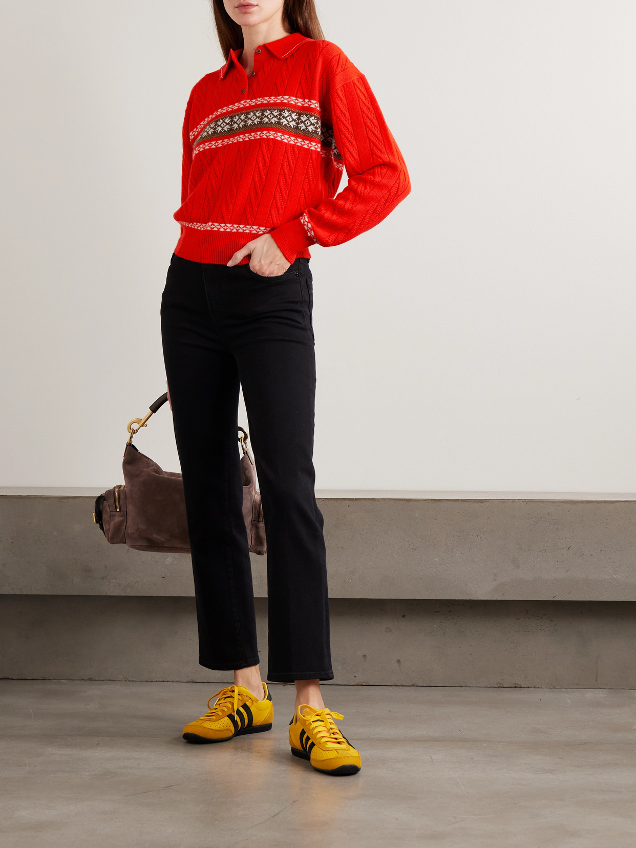 Guest In Residence Cable Collegiate Fair Isle Cable-knit Wool And Cashmere-blend Polo Sweater In Red