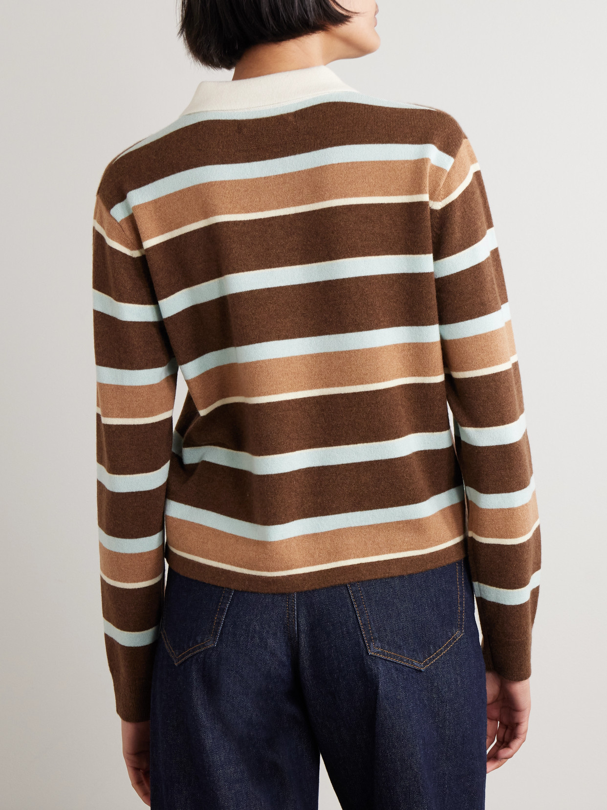 Cropped Striped Cashmere Polo Sweater