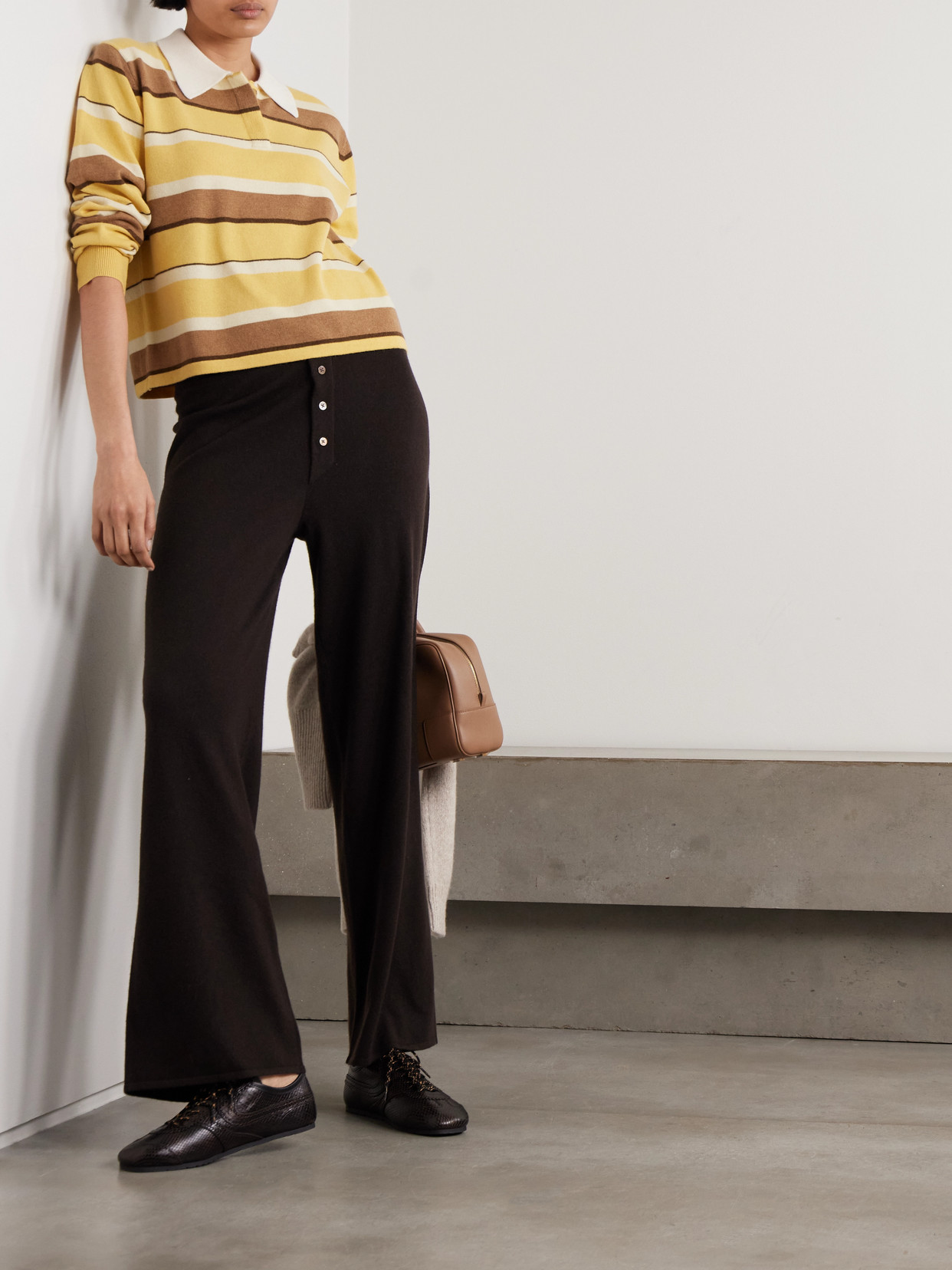 Cropped Striped Cashmere Polo Sweater