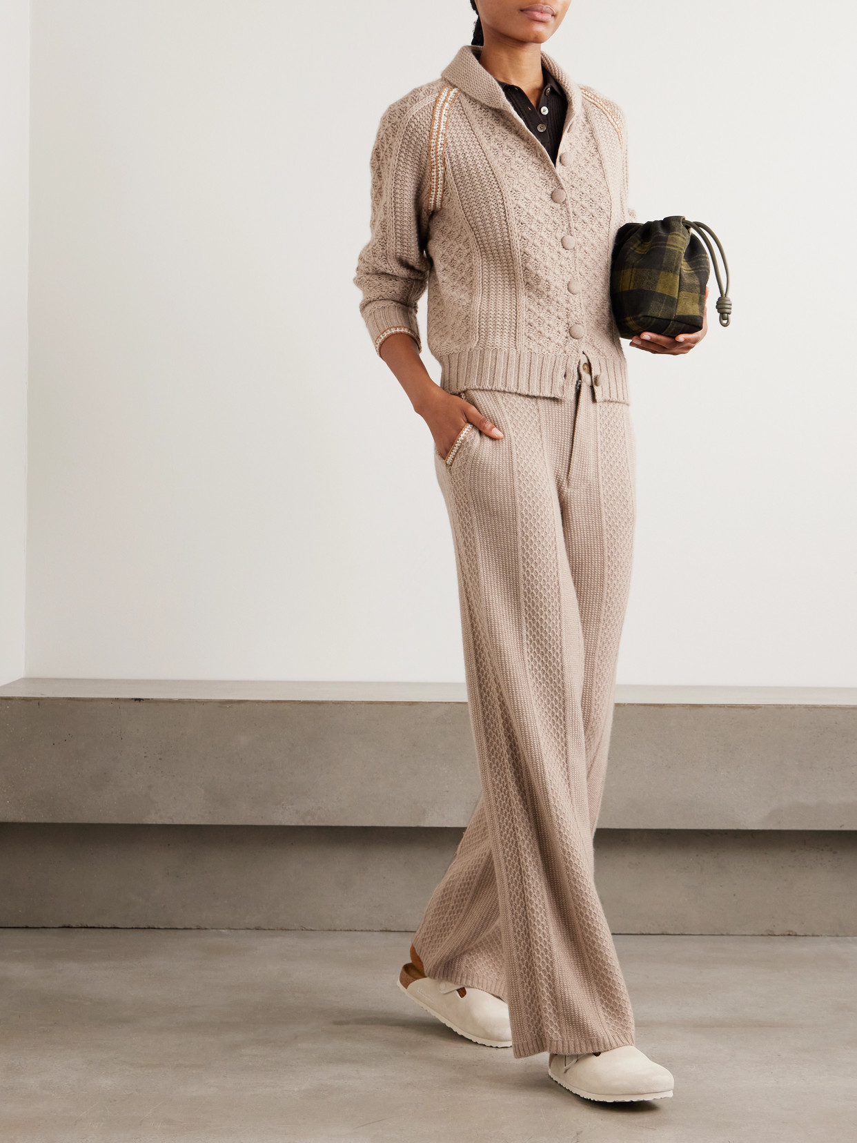 Guest In Residence Cable-knit Wool And Cashmere-blend Wide-leg Pants In Brown