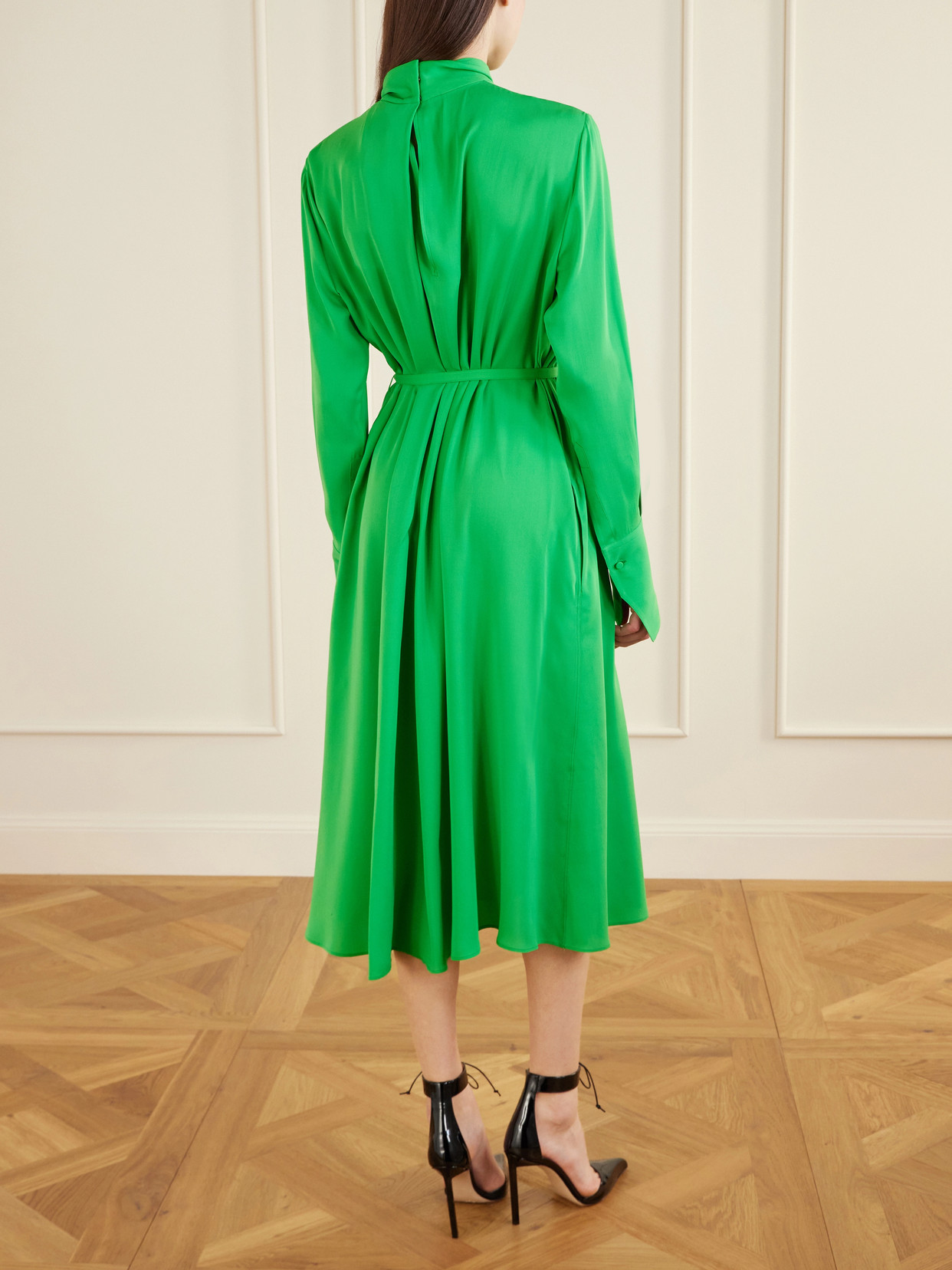 Tom Ford Embellished Belted Pleated Silk-georgette Midi Dress In Green