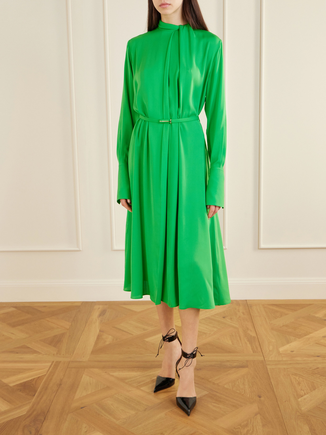 Tom Ford Embellished Belted Pleated Silk-georgette Midi Dress In Green
