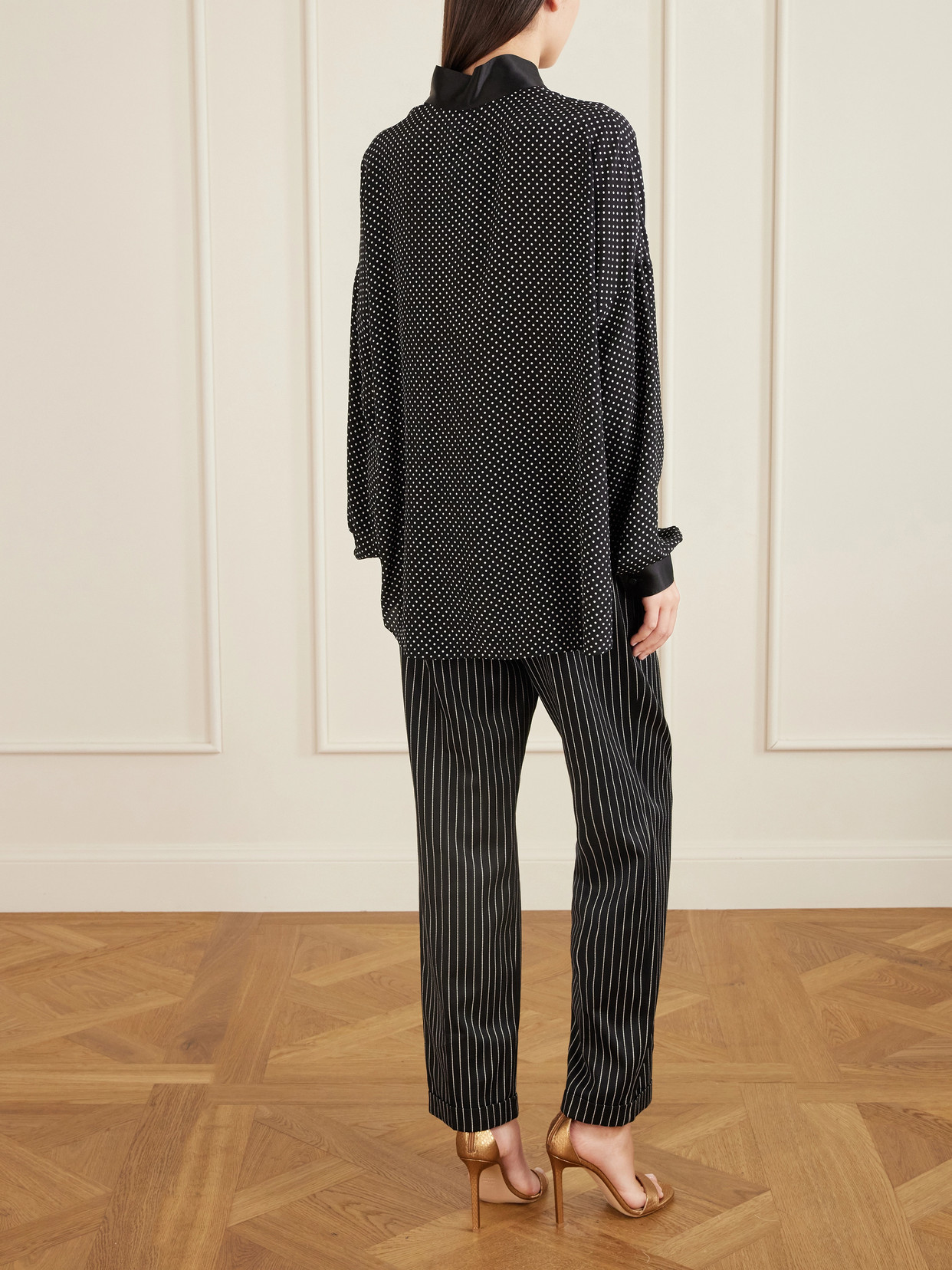 Pussy-Bow Polka-Dot Silk-Satin Blouse