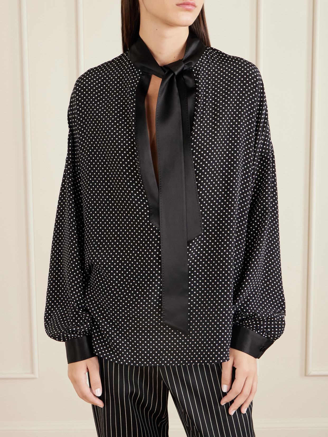 Pussy-Bow Polka-Dot Silk-Satin Blouse