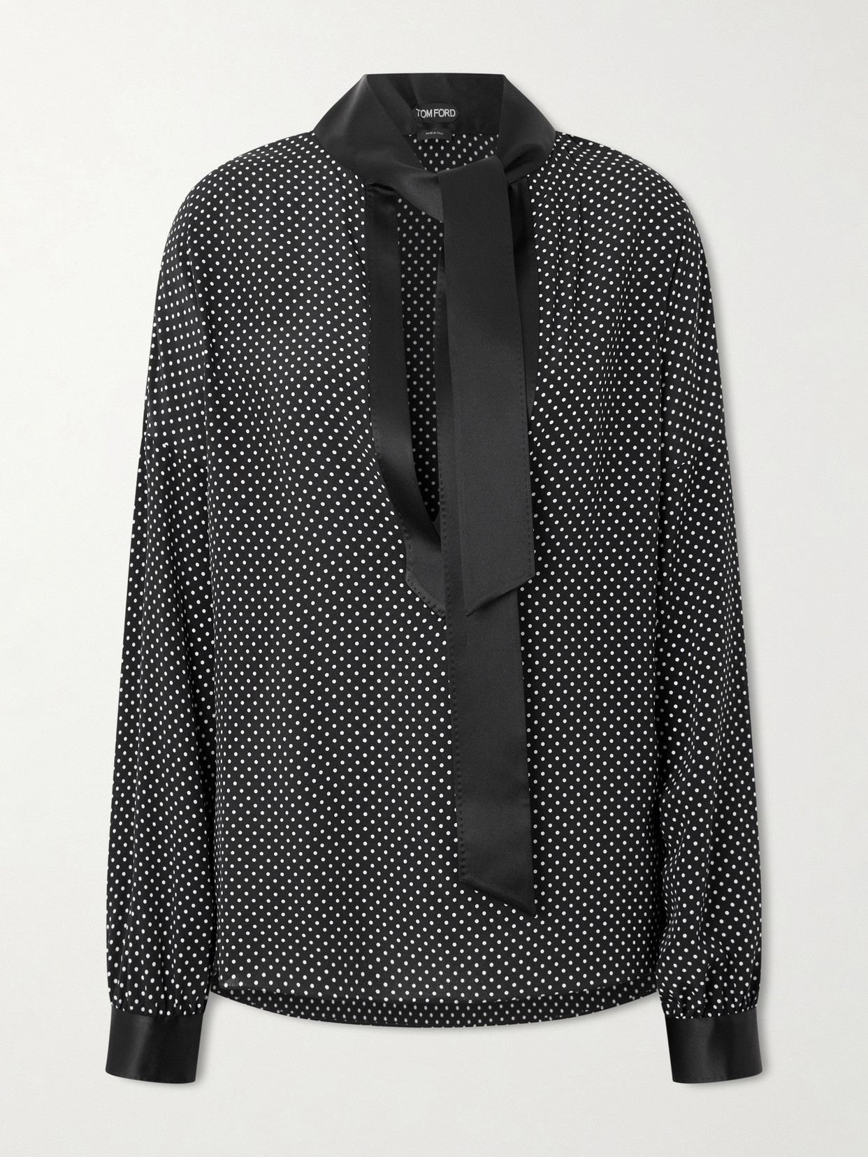 Tom Ford Pussy-bow Polka-dot Silk-satin Blouse In Gray