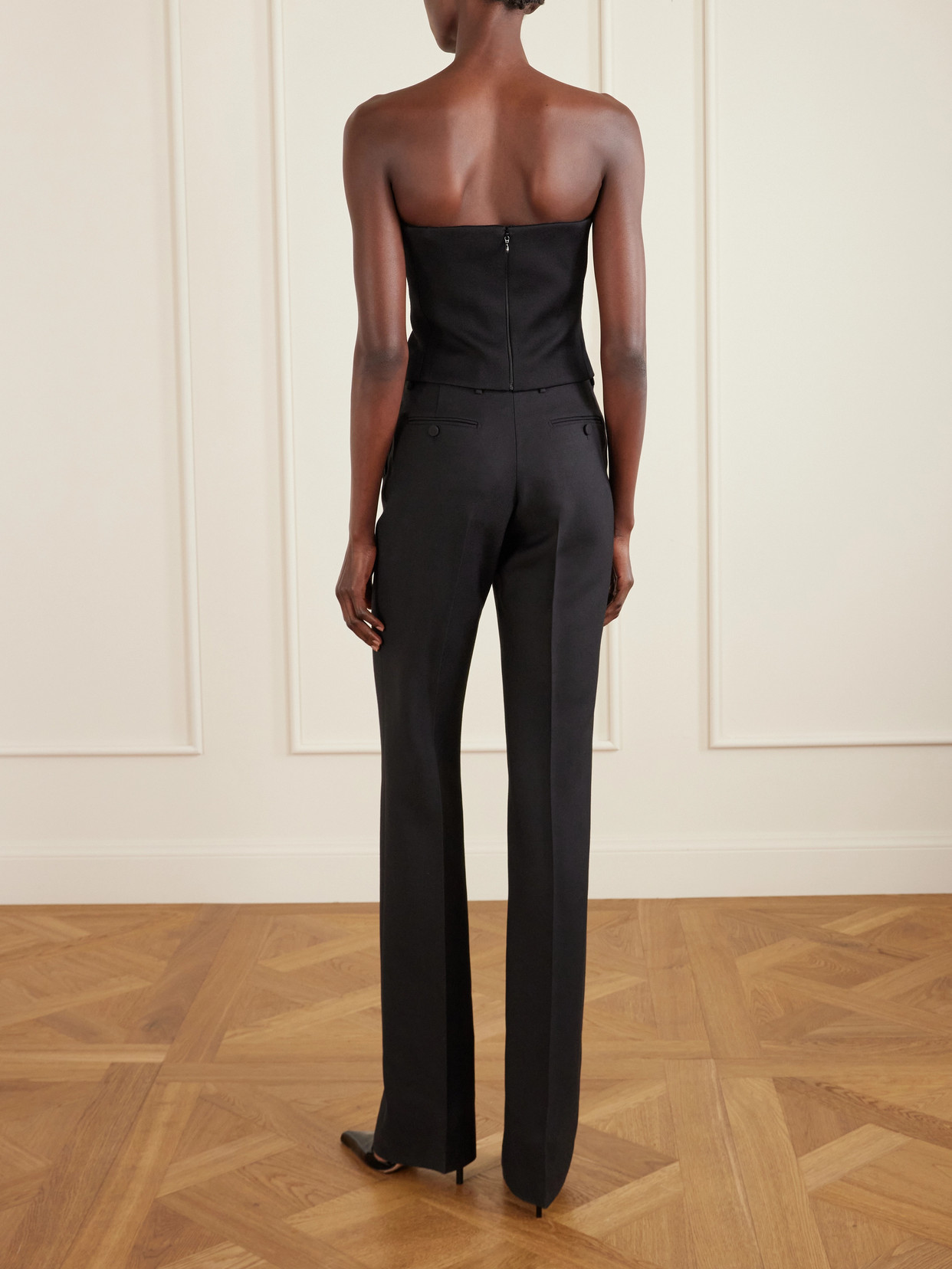 Off-The-Shoulder Snake-Effect Leather-Trimmed Wool-Twill Top