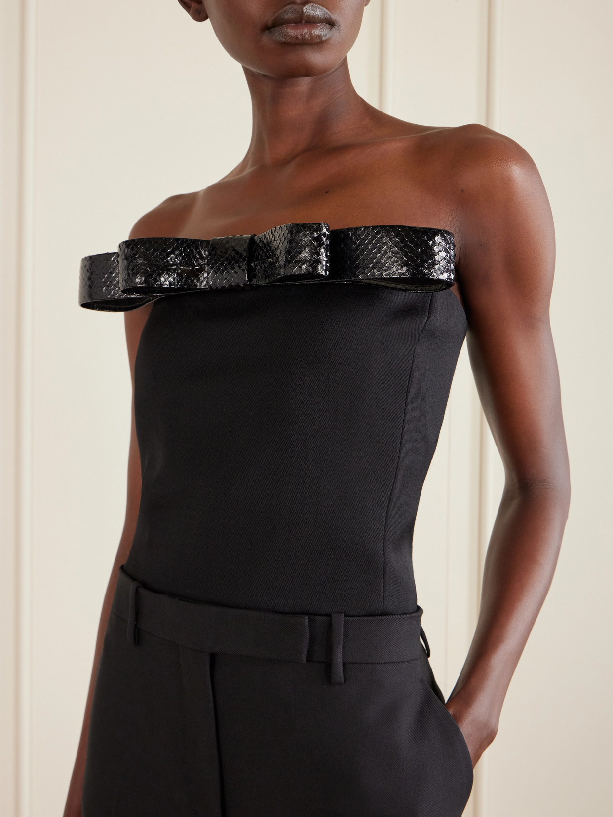 Off-The-Shoulder Snake-Effect Leather-Trimmed Wool-Twill Top