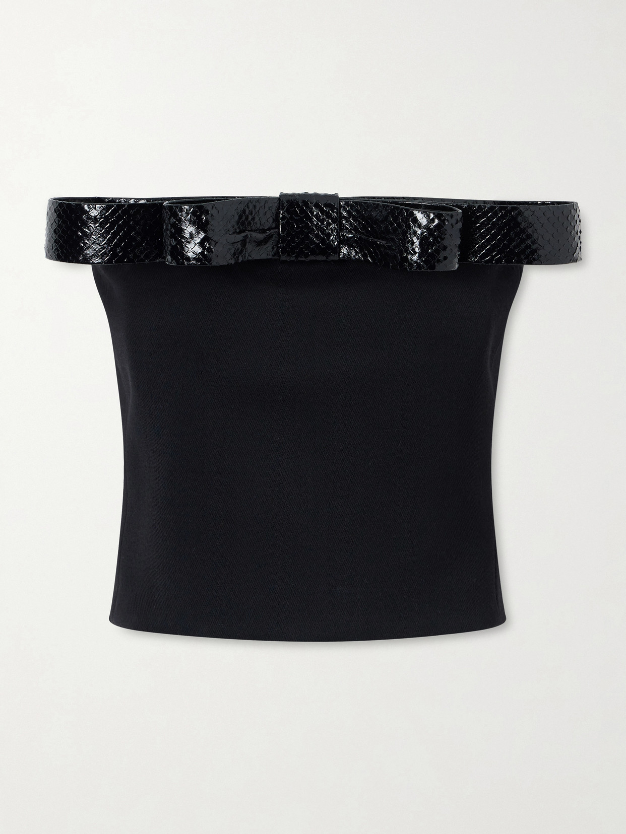 Off-The-Shoulder Snake-Effect Leather-Trimmed Wool-Twill Top