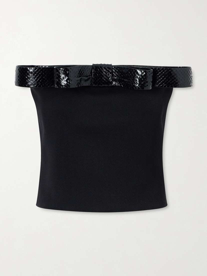 Tom Ford Off-the-shoulder Snake-effect Leather-trimmed Wool-twill Top