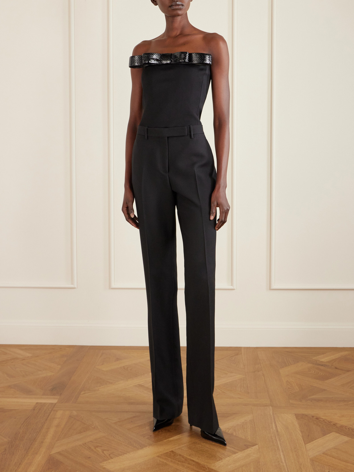 Off-The-Shoulder Snake-Effect Leather-Trimmed Wool-Twill Top